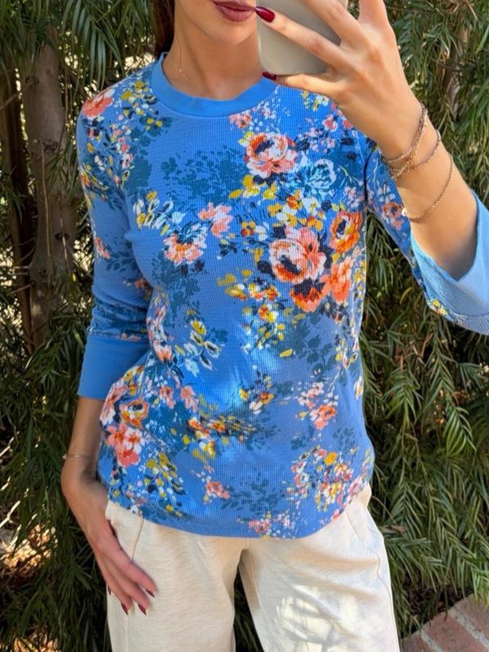 Sundance blue floral 3/4 sleeve waffle floral top sz M #comfy #cozy